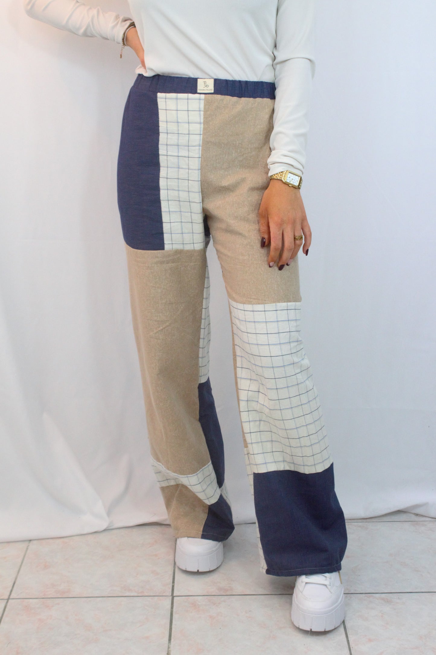 Pantalon patchwork Beige et bleu