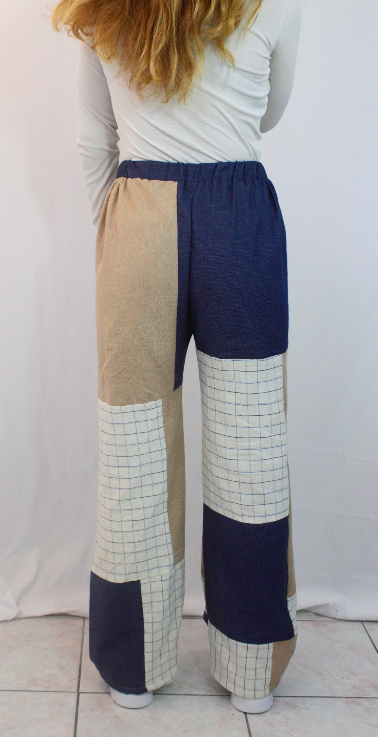 Pantalon patchwork Beige et bleu
